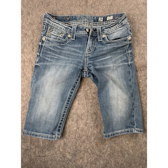 Miss Me Other - Miss Me Girls Stretch Embellished Bermuda Blue Denim Jean Shorts Size 14 JK5415M